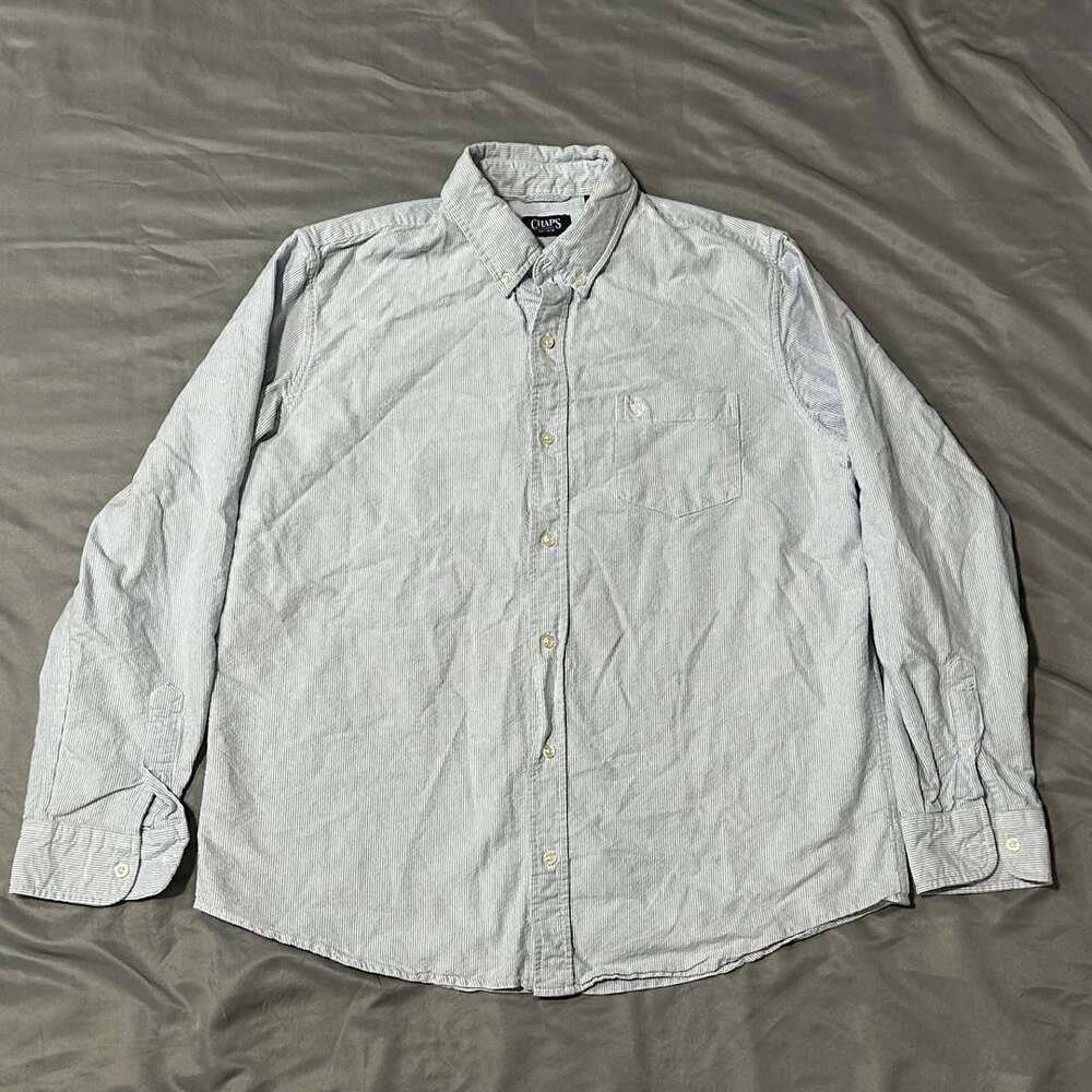 Chaps Long Sleeve Button-Down Shirt Size L Blue White Striped Oxford